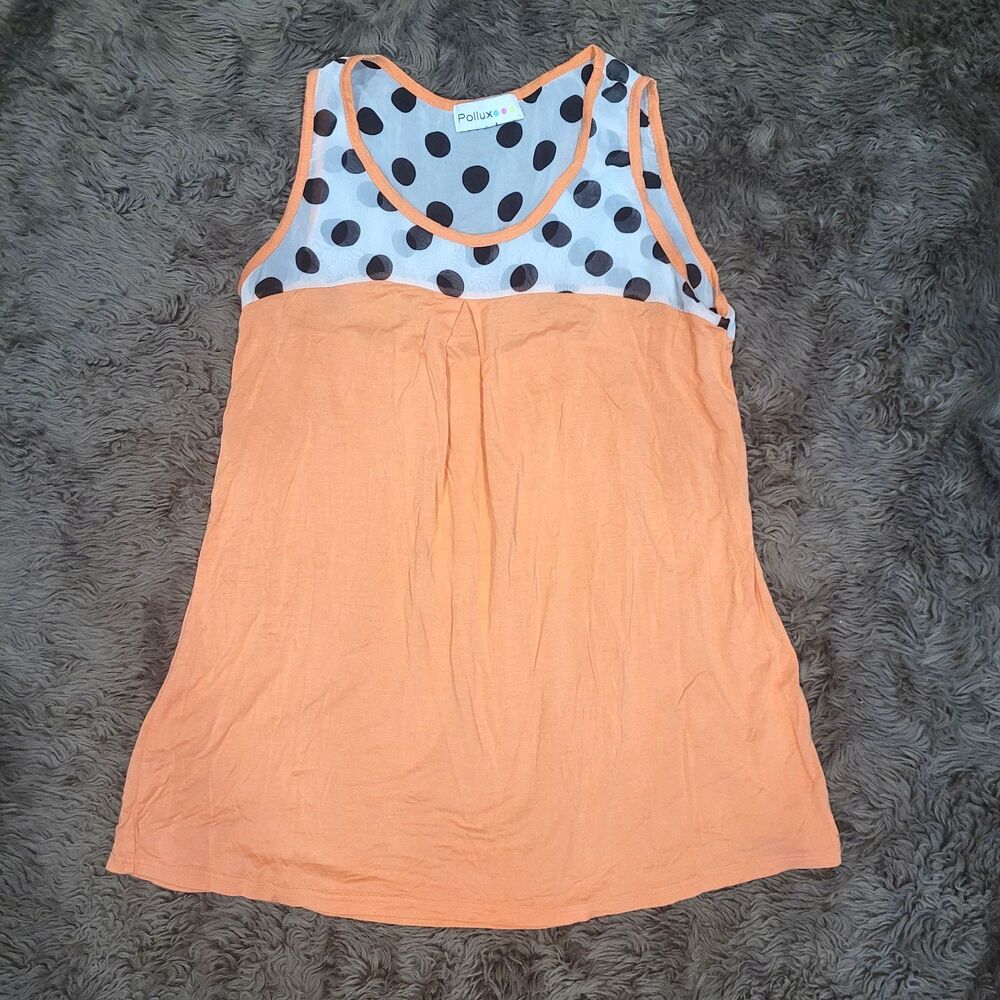 Pollux Women's Sleeveless Orange Polka Dot Top Sz Small Rayon Lightweight Beachy